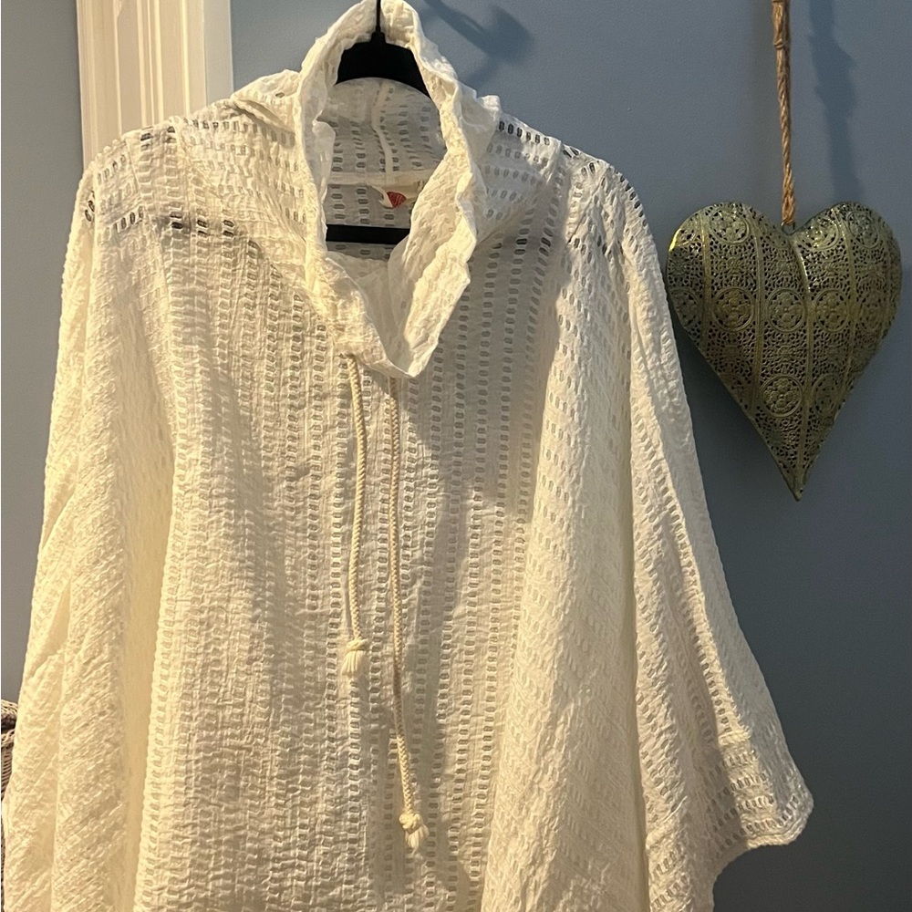 White Textured Hooded Poncho